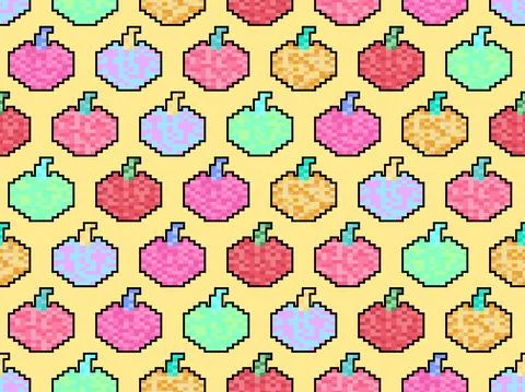 Apple seamless pattern in pixel art style. 8 bit multicolored apples  in 2D Stock Illustration