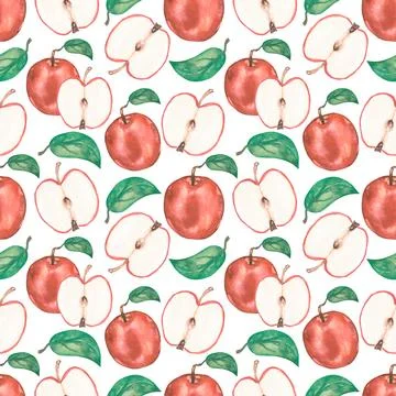 Apple Seamless Pattern, Watercolor Red Fruit Paper, Eco Food paper digital .. Stock Illustration