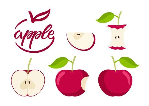 Apple set. Flat icon red Apple fruit with leaf, bitten, cut, core, label. Farmer Stock Illustration