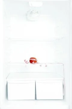 Apple on shelf of open empty refrigerator. Weight loss diet concept. 写真素材