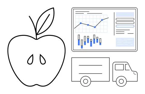 Apple silhouette, analytical data on screen with charts, and delivery truck.  Stock Illustration