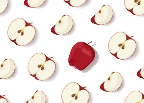 Apple slice seamless pattern with shadow on white background. Red apples frui Illustrazione stock
