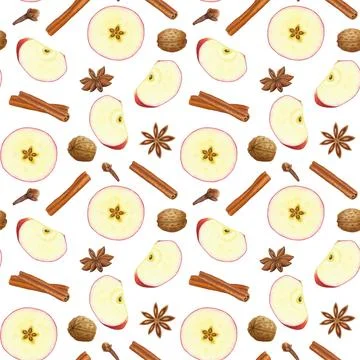 Apple slices, cinnamon, walnuts, cloves, anise spices seamless pattern on white Stock Illustration