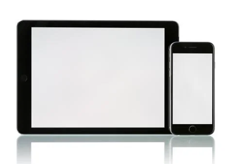 Apple space gray iphone 6 and ipad air 2 with blank screen Stock Photos