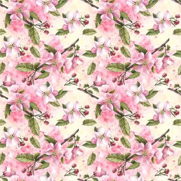 Apple spring blossom tree branch, flowers, buds, springtime seamless pattern Stock Illustration