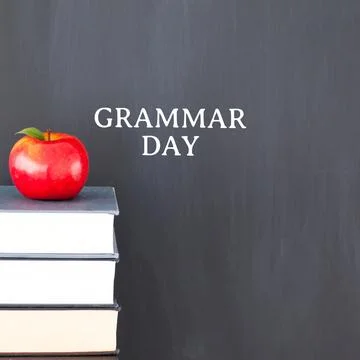 Apple on stack of books against grammar day text banner on grey background Stock Photos