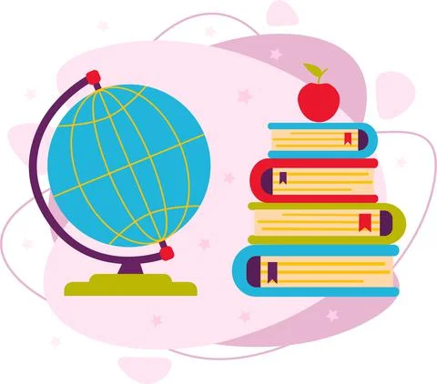 An apple to a stack of books and a globe. Stock Illustration