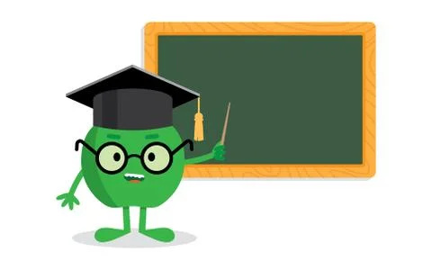 Apple standing near blackboard with pointer as teacher Stock Illustration