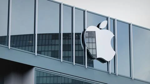 Apple Stock data presented on the logo of the office facade editorial Stock Photos