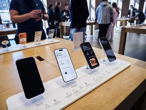 Apple Store display of new iPhone lineup Stock Photos