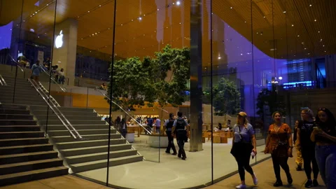 Apple store exterior and interior with modern futuristic design, large window Stock Footage 318993341