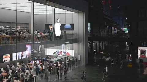 Apple Store facade at night in Taikooli commercial area in Chengdu Stock Footage 214176147
