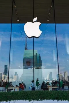 Apple Store Front Window with Skyline Reflection Stock Photos