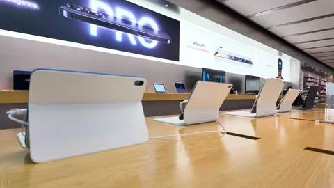 Apple store interior, computers, staff, customers, consumer electronics, iphones Stock Footage 307874134