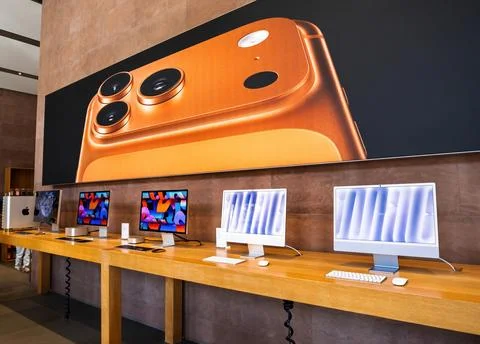 Apple Store iPhone 17 Pro banner with Macs Stock Photos