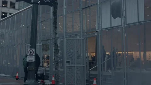 Apple Store Locked in a Cage in Downtown Portland Oregon During the Pandemic Stock Footage 221587556