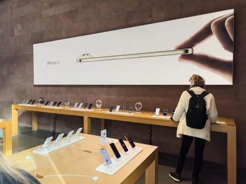 Apple Store Paris iPhone Air Banner Stock Photos