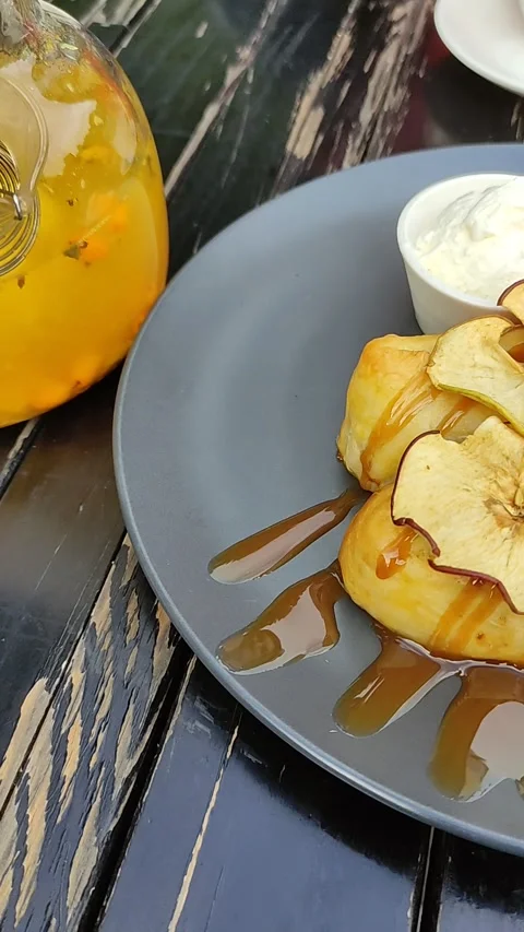 Apple strudel and fruit tea on the table. Stock Footage 269185576