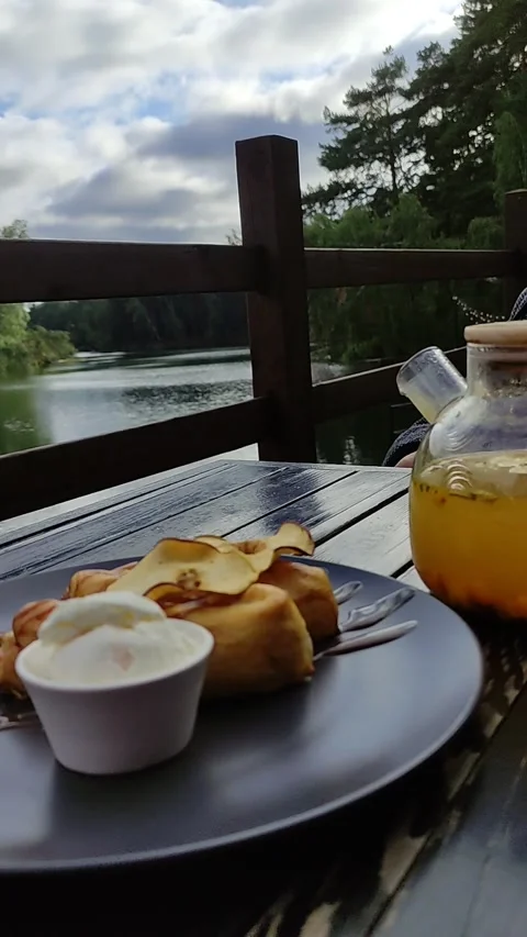 Apple strudel and fruit tea on the table. Stock Footage 269185598