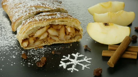 Apple strudel with cinnamon, Rustic dessert with ingredients Stock Footage 150359415