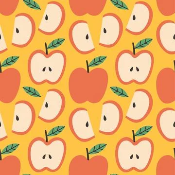 Apple summer pattern on yellow background. Simple seamless pattern with apples Stock Illustration