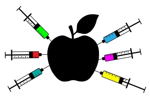 Apple with a syringe. Genetically modified fruit and syringe with colorful ch Illustration