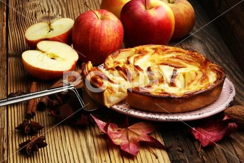 Apple tart. Gourmet traditional holiday apple pie sweet baked dessert food wi Stock Photos