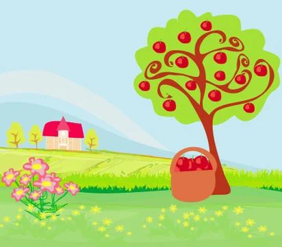 Apple tree and cottage , landscape Stock Illustration