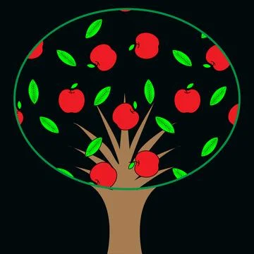 Apple Tree. Colorful Apple Tree with Seamless Pattern Isolated on Black Bac.. イラスト素材