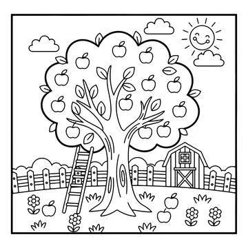 Apple tree in farm with barn and sunny sky Illustrazione stock
