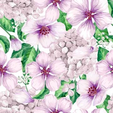 Apple tree flowers, hydrangea flowers,petals and leaves in watercolor style on Stock Illustration