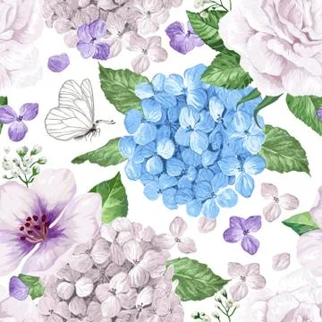 Apple tree flowers, hydrangea flowers,petals and leaves in watercolor style on Stock Illustration