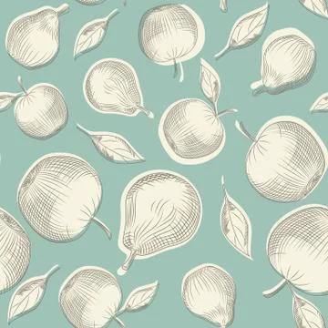 Apple tree leaf and pear backdrop. Pear and apples seamless pattern on green  Stock Illustration