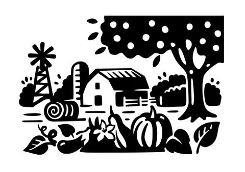 Apple tree pumpkin and eggplant grow on a bed Illustrazione stock
