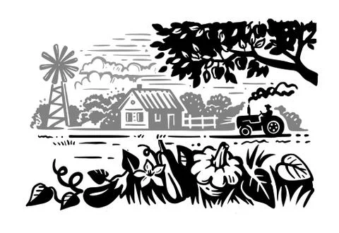 Apple tree pumpkin and eggplant grow on a bed Illustrazione stock