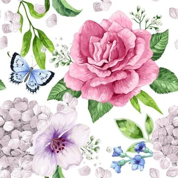 Apple tree, roses, hydrangea flowers petals and leaves in watercolor style on Stock Illustration