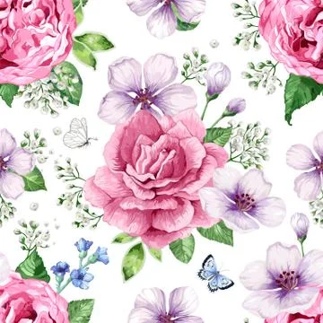 Apple tree, roses, hydrangea flowers petals and leaves in watercolor style on Stock Illustration