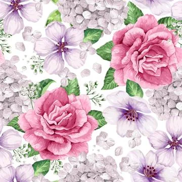 Apple tree, roses, hydrangea flowers petals and leaves in watercolor style on Illustrazione stock