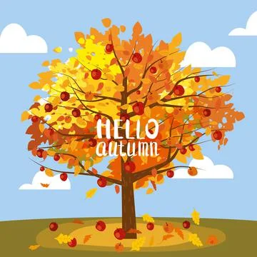 Apple tree, rural landscape. Hello Autumn, harvest, ripe fruits on tree, coun Stock Illustration