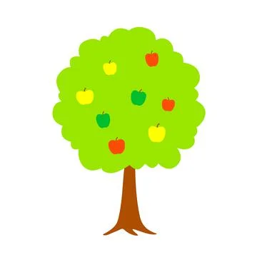 Apple tree with yellow, red and green apples in flat style. Simple vector Illustrazione stock
