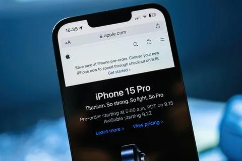 Apple.com Header: 'Save Time for Pre-order' - iPhone 15 PRO Features Stock Photos