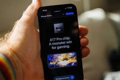 Apple.com Highlights 'A17 Pro Chip: A Monster for Gaming' on iPhone 15 PRO Stock Photos