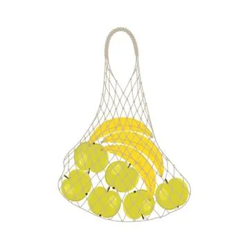 Apples and bananas in a string bag. Shopping bag with fruits Stock Illustration