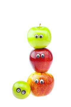 Apples with faces joy isolated on white Stock Photos