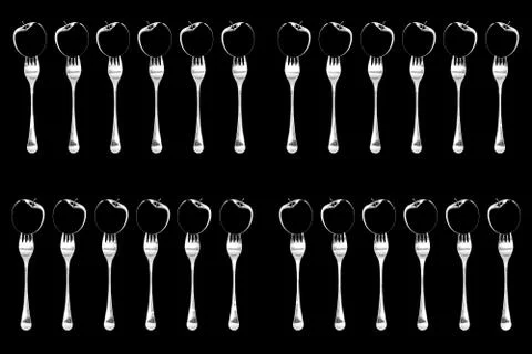 Apples in fork . 3d rendering. 3D illustration. Food wallpaper concept . Blac Stock Illustration