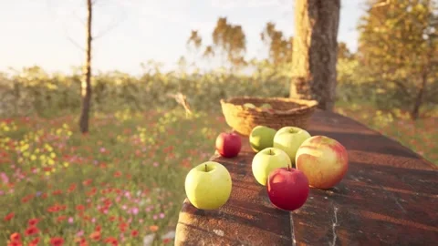 Apples lying in the sun on a wooden table with a deer in the background. Stock Footage 250673579