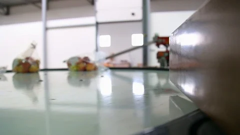 Apples packed in a plastic bag move along the conveyor. Stockbeeldmateriaal 125664318