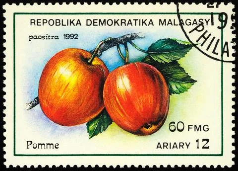 Apples on postage stamp Stock Photos