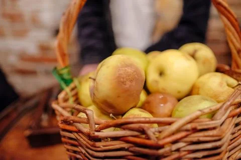 Apples in the pot on the table Stock Photos