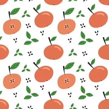 Apples red doodle seamless pattern in cartoon style. Textile fabric fruit with Stock Illustration
